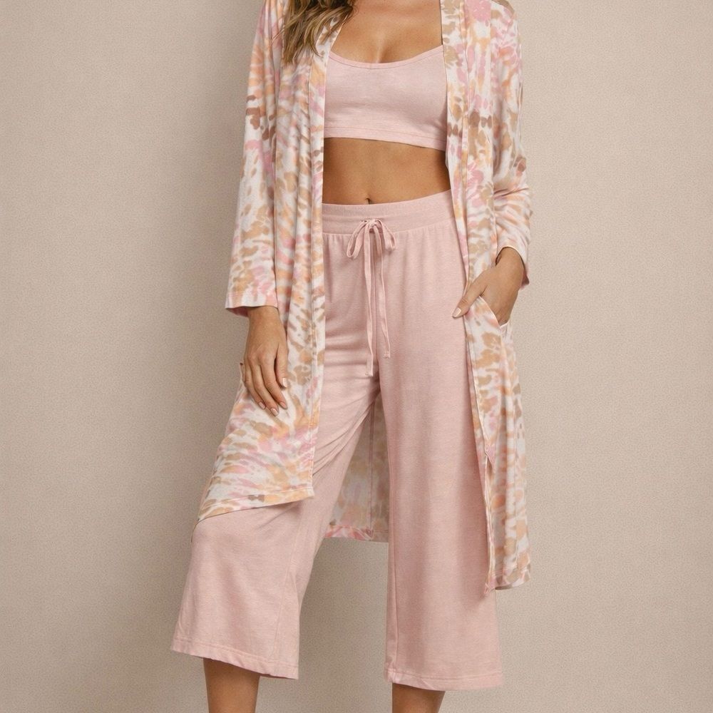Land's End Pink Tie-Dye Lounge Set Robe with sash and cropped pink pajama bottom